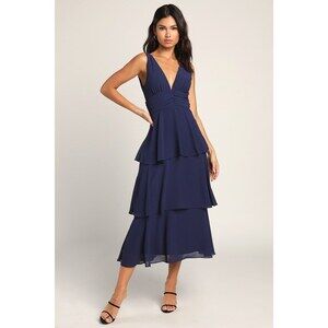 New w/ tag! Lulus Celebration Time Navy Blue Sleeveless Tiered Midi Dress- SizeL